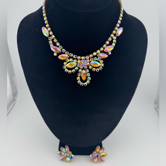 Vintage Jewelry - Vintage Elegant Multicolor Aurora Borealis Crystal Necklace and‎ Earring Set
